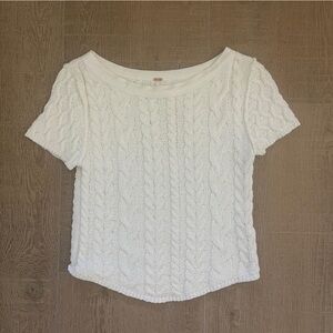 Free People White Cable Knit Short Sleeve Top